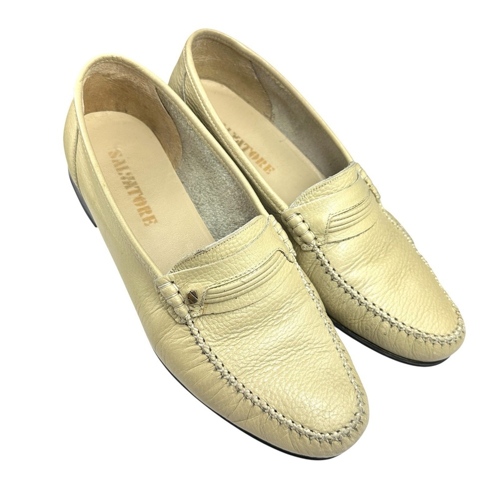 Salvatore Men's Loafers Moc Toe Italy‎ Beige Pebbled Leather Size 42 US 9